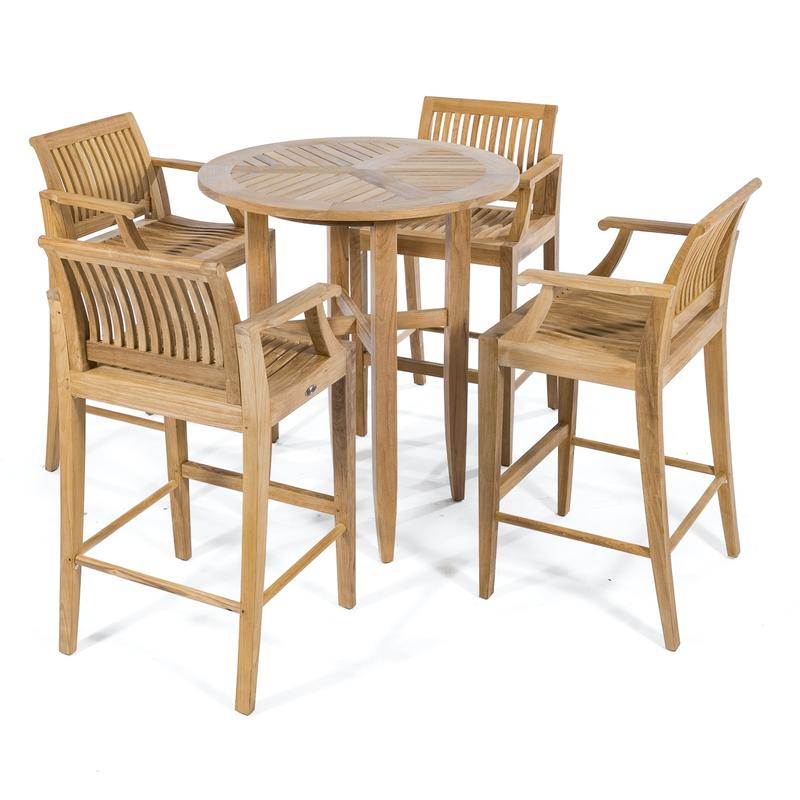 alt="70294 Laguna 5 piece teak Round Bar 36 inch diameter Table Set showing with optional seat cushions on a white background"