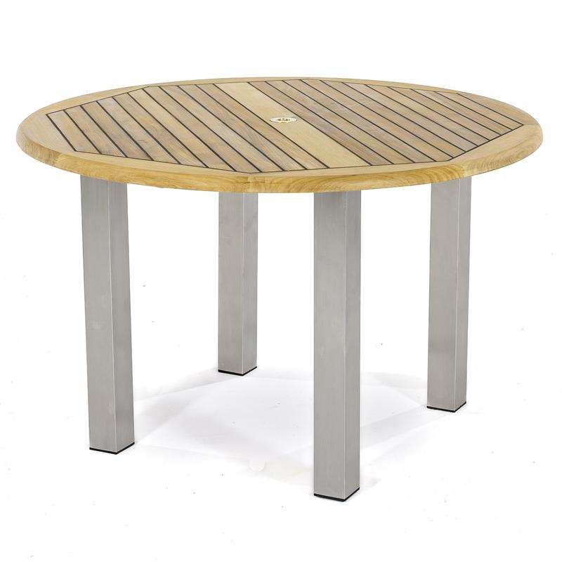 alt="70627 Vogue Barbuda round 48 inch diameter teak and stainless steel dining table on white background"