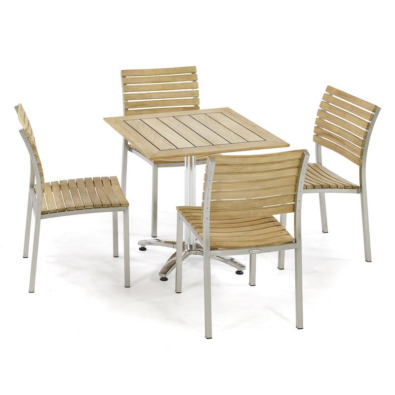 alt="70701 Vogue Teak and Stainless Steel Cafe Set of 4 dining side chairs and a 30 inch square dining table on white background"
