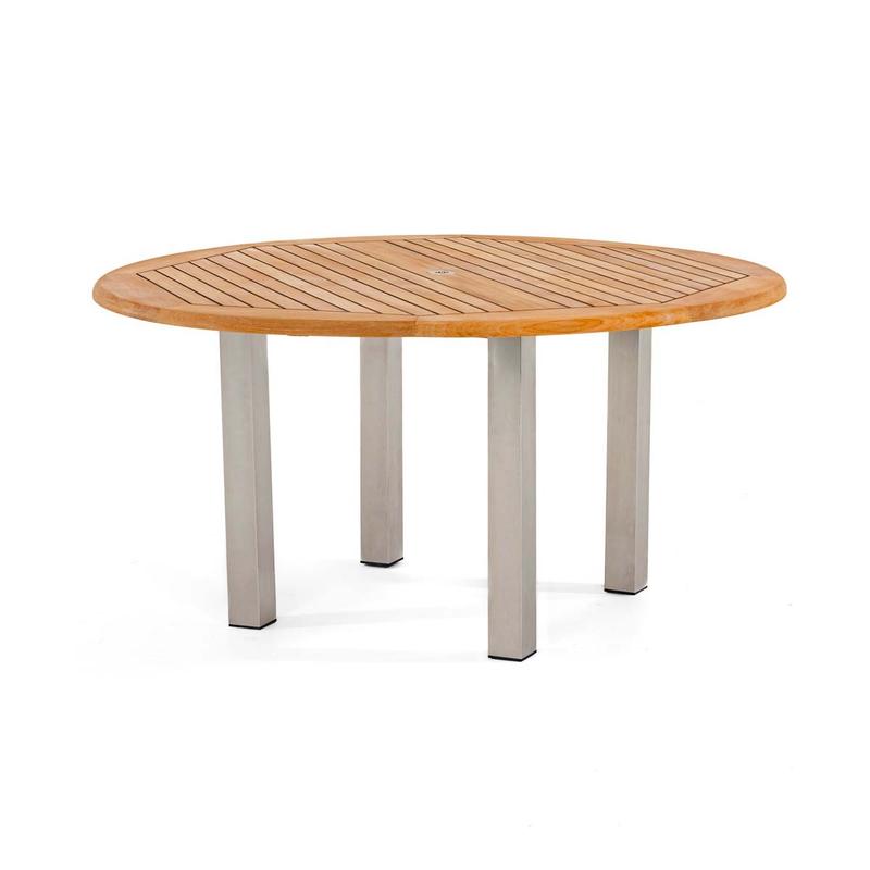 alt="25014 Vogue 5 ft Round Teak and Stainless Steel Dining Table side angled view on white background"