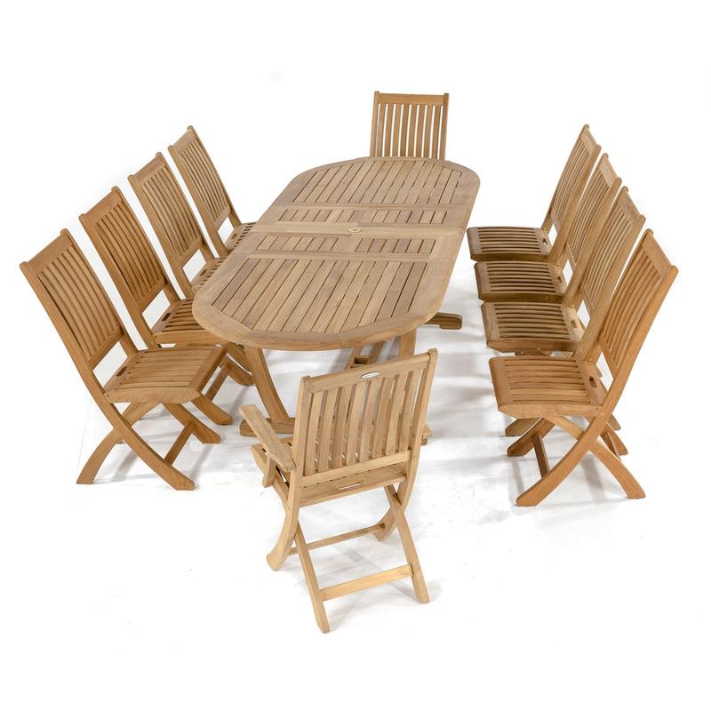 alt="70050 Montserrat Barbuda 11 piece oval teak dining set end view on white background"