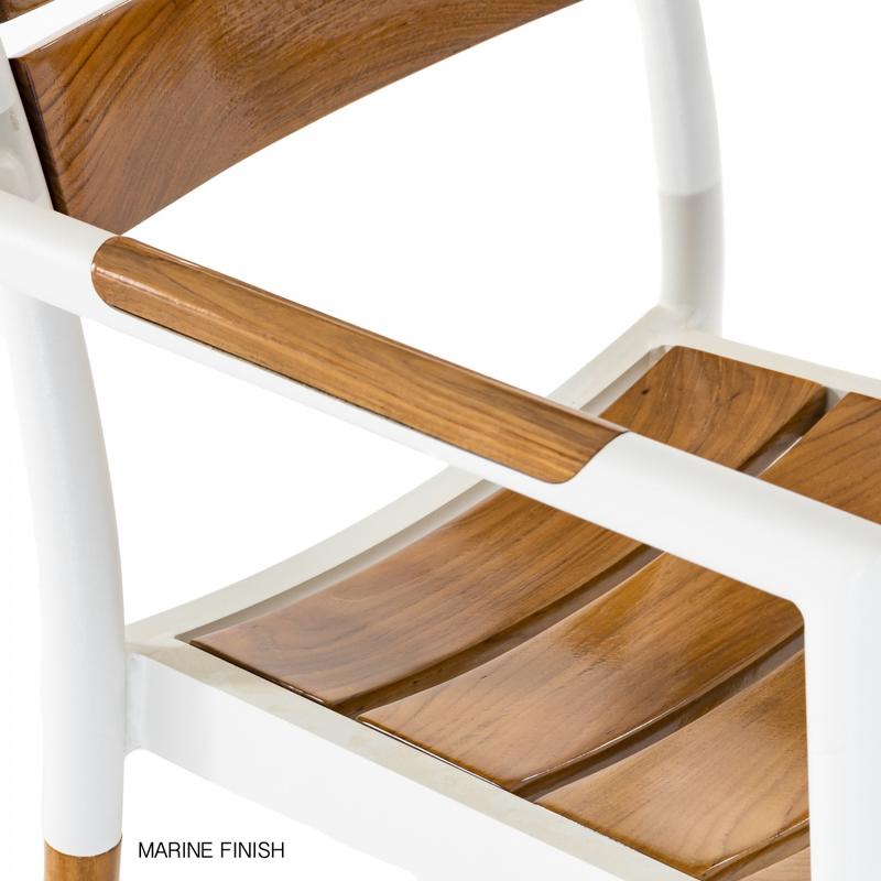 alt="70604 Bloom teak and powdered coated aluminum side chair showing closeup of chair seat and armrest on white background"