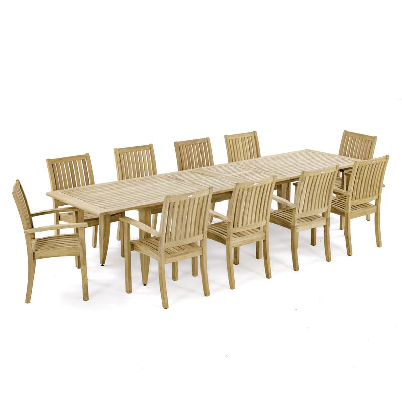 alt="70812 Laguna Sussex teak 11 piece Dining Set of 10 teak armchairs and teak 11 foot extendable dining table side angle view on white background"