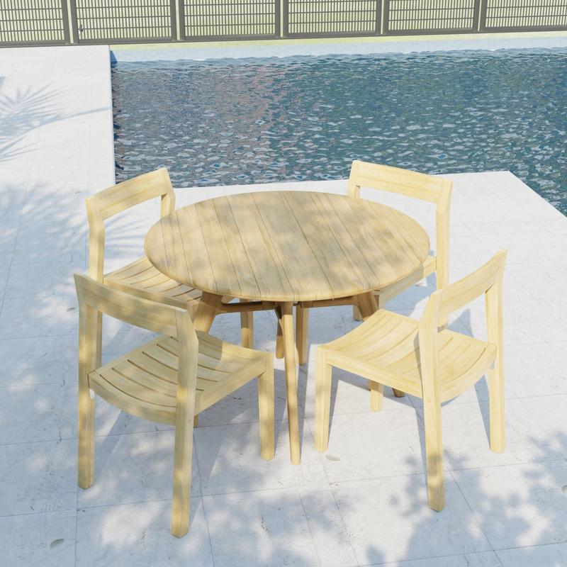 alt="70355 Horizon Surf 5 pc Cafe Dining Set in angled side view on stone patio with pool and fence in the background"