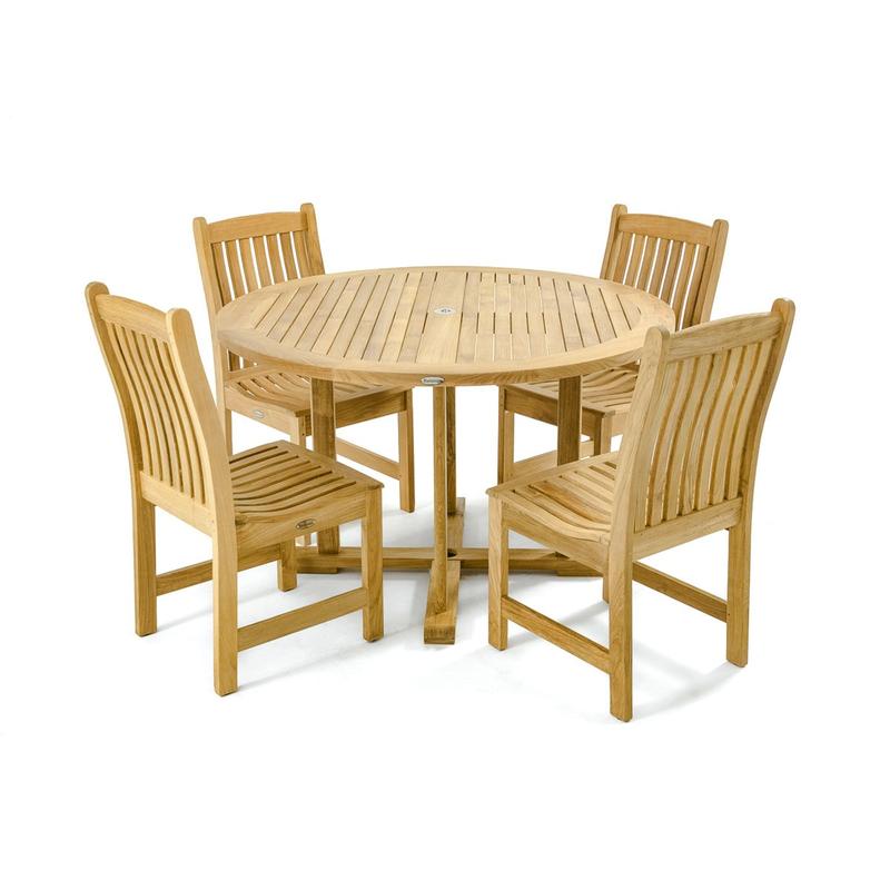 alt="70484 Veranda 4 foot round Dining Set of 4 teak side chairs and 4 foot round teak dining table on white background"