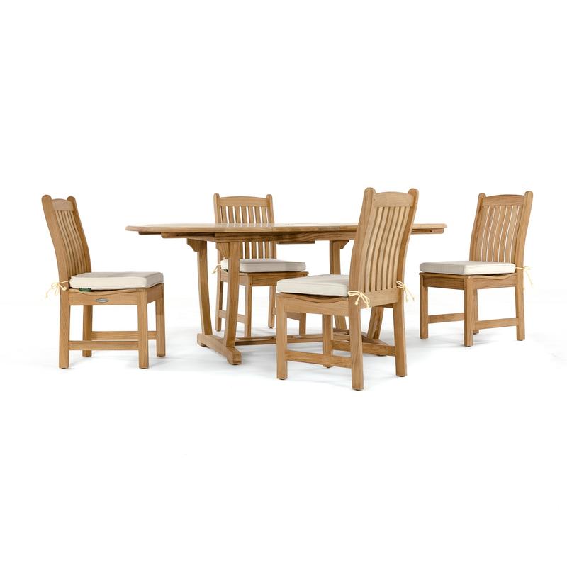 alt="11315 Veranda Teak Side Chairs around martinique oval extension table with white background"