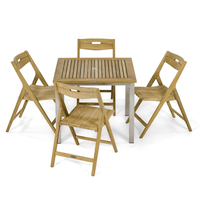 alt="70589 Vogue Surf 5 pc Teak Cafe Set of a Vogue Teak and Stainless Steel 36 inch Square Table and 4 Surf Teak Folding Chairs angled top view on a white background "