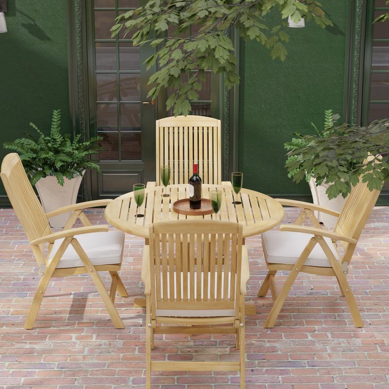 alt="70028 Barbuda Reclining 5 pc Teak Set in angled top view with optional seat cushions and umbrella on brick patio with house and landscaping plants in background"