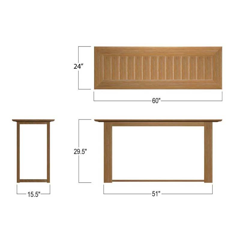 alt="15999 Horizon Teak Bar Table showing autocad of end and side and table top views on white background"