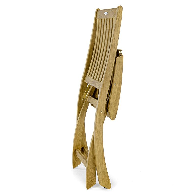 alt="11602S Barbuda Teak Folding Chair folded flat for storage side view on white background "