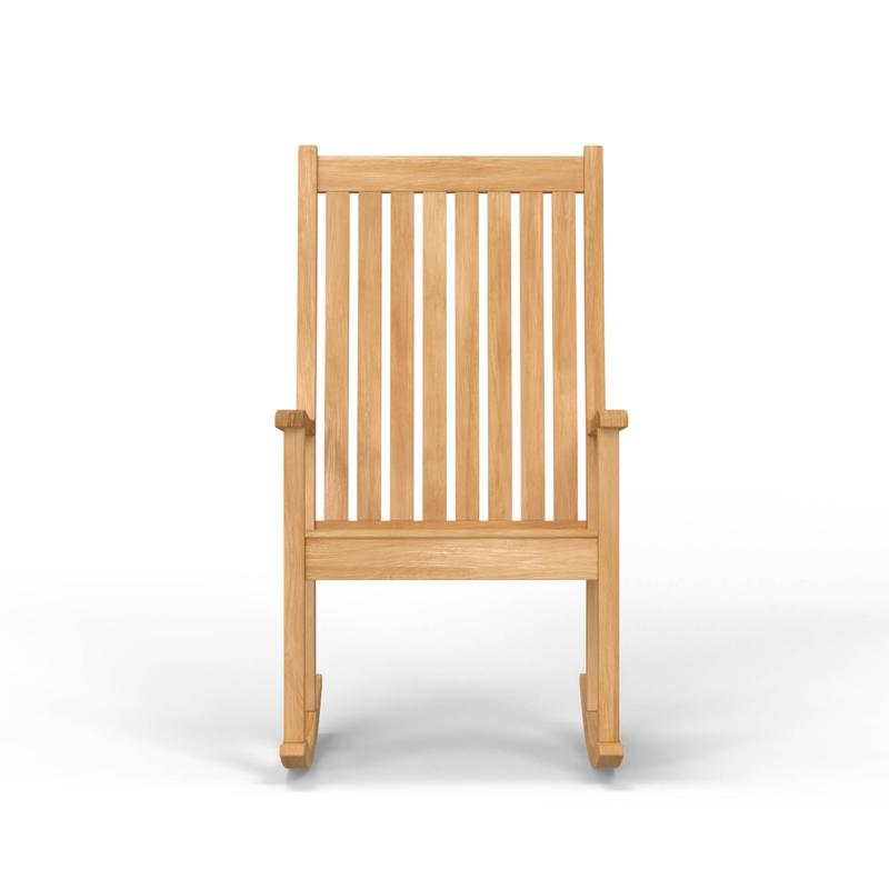 alt="12223 veranda teak rocking chair on porch side angle view with railing and landscaped lawn in background"