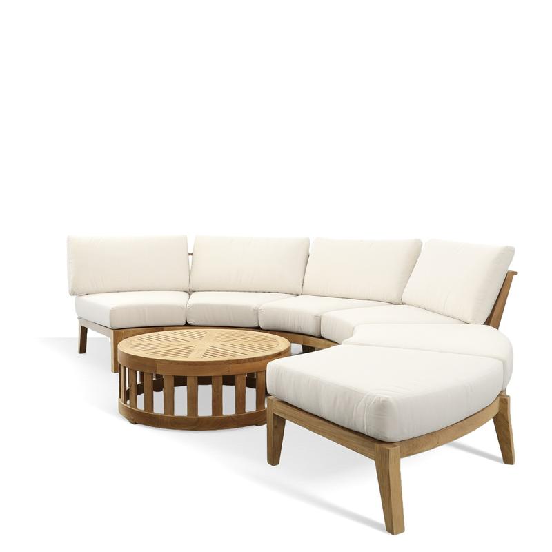 alt="70934 Kafelonia 4 piece Curved Sofa Sectional Set of 2 curved sofa sectionals and a curved backless sofa sectional and 36 inch teak coffee table angled front view on white background"