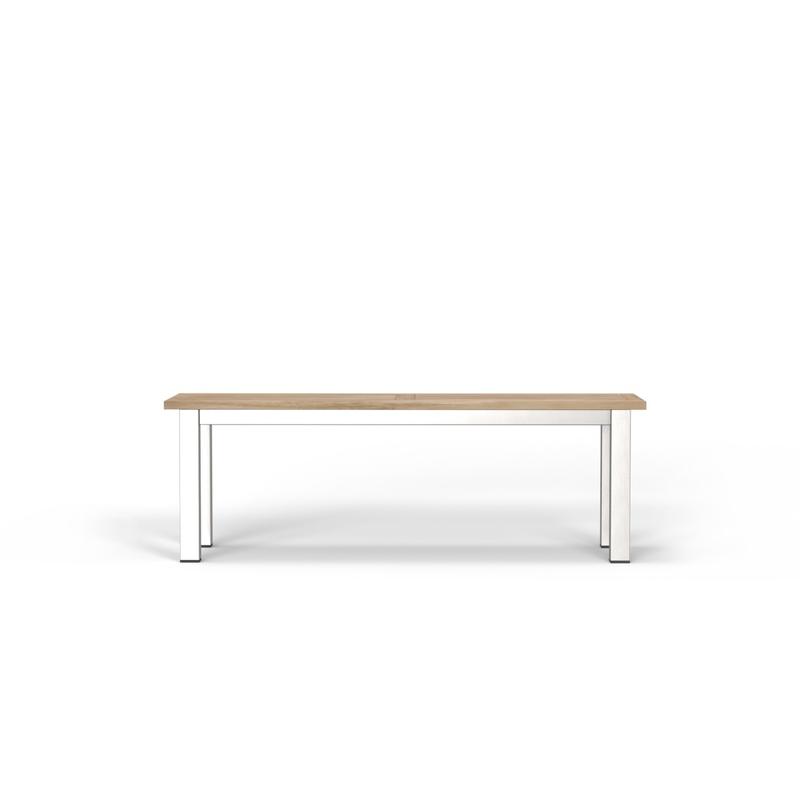 alt="23940 Vogue teak and stainless steel 4 foot backless bench in side profile view on white background"