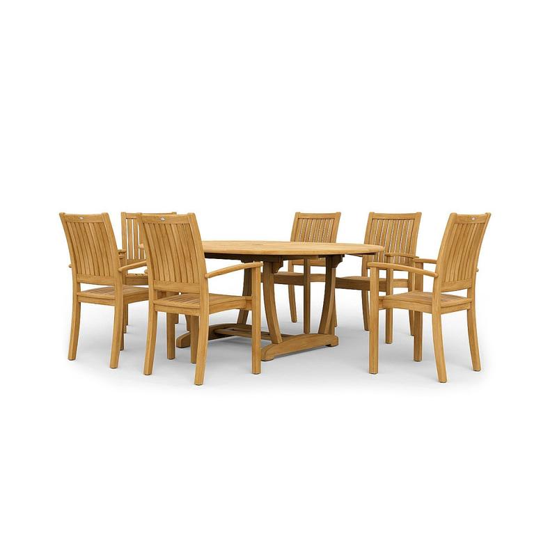 alt="70214 Martinique Sussex Teak 7 pc Dining Set of Martinique Teak Oval Table and 6 Sussex Teak stacking Arm Chairs right end view on white background  "