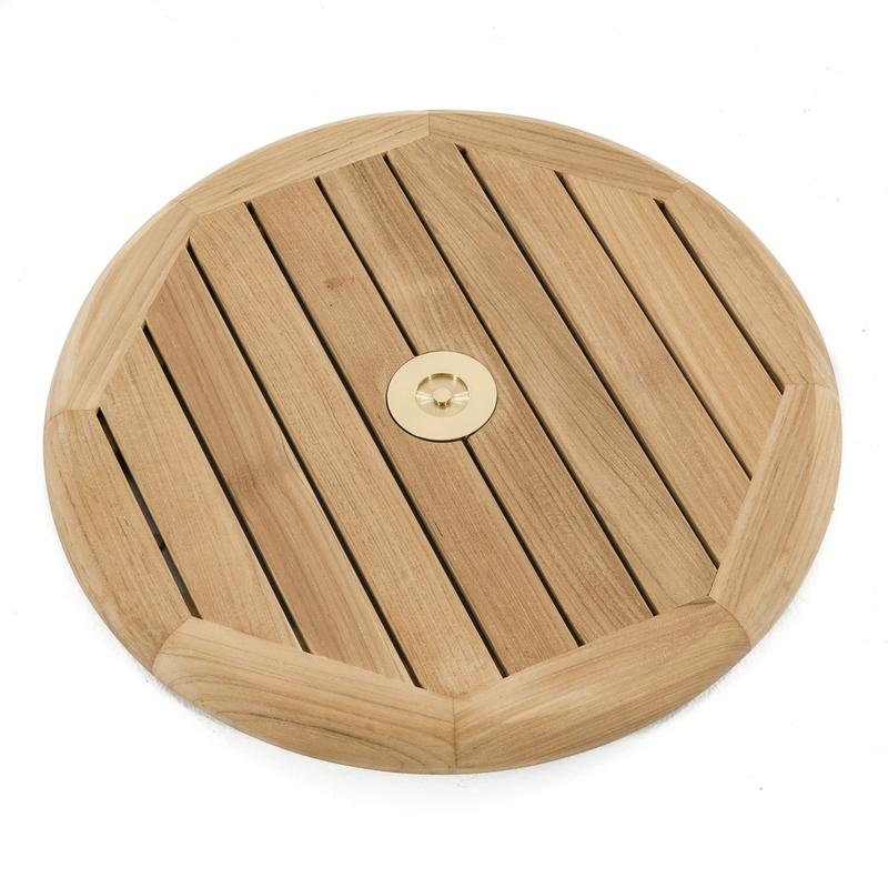 alt="18700 teak lazy susan showing umbrella hole on teak table"
