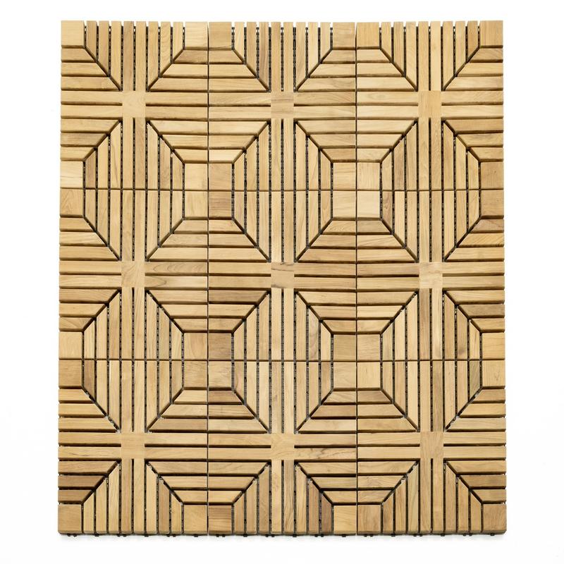 alt="18408P diamond teak tiles showing 9 assembled together in aerial view on white background"