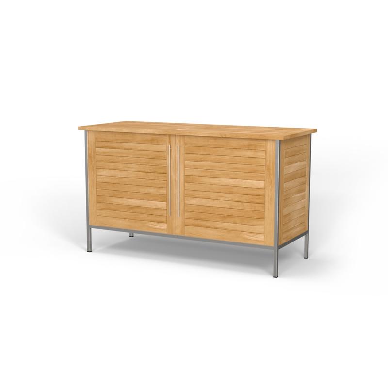 alt="28226 Vogue Teak and Stainless Steel Beverage Console in angled front view on white background"