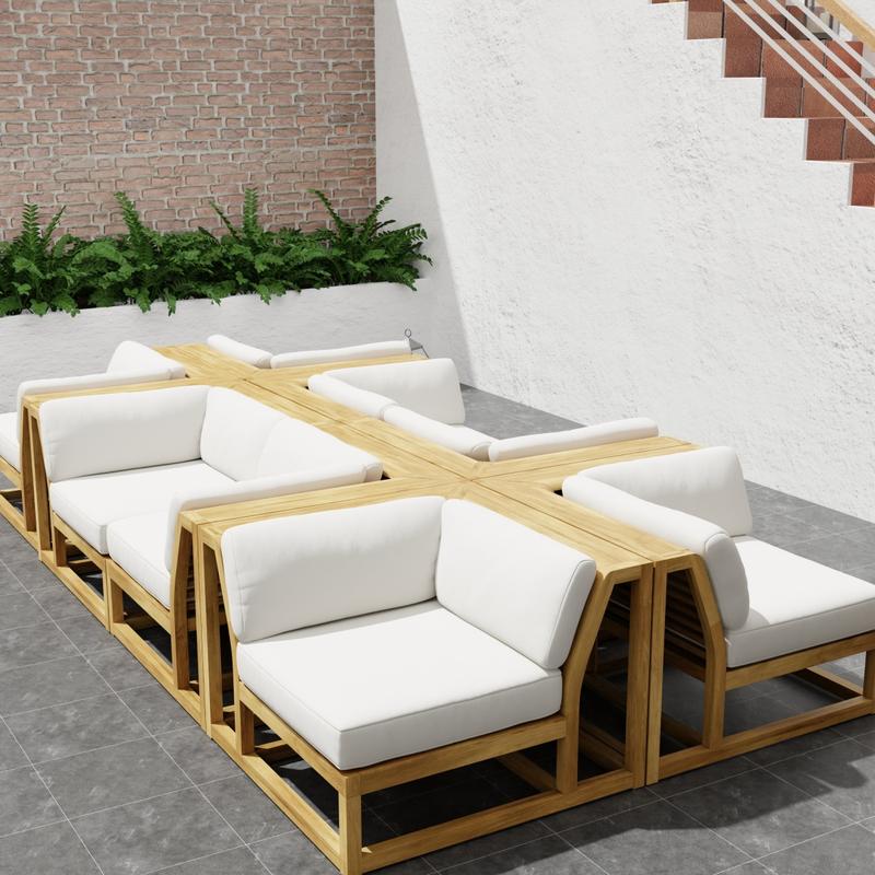 alt="70280 Maya 8 piece Lounge Set of 8 Maya Corner Sectionals in angled end view on patio next to a staircase of house and planter with plants in background"