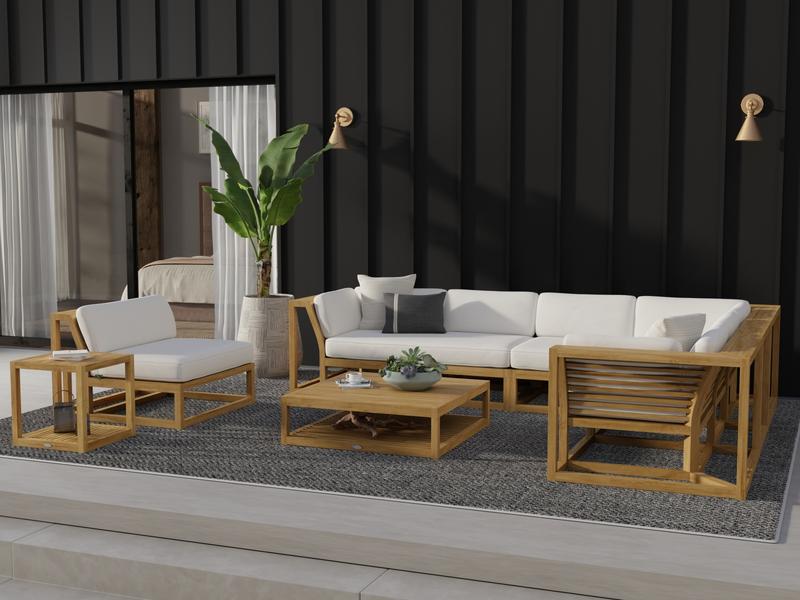 alt="70230 Maya deep seating collection on outdoor patio with potted tree and house with glass door in background"