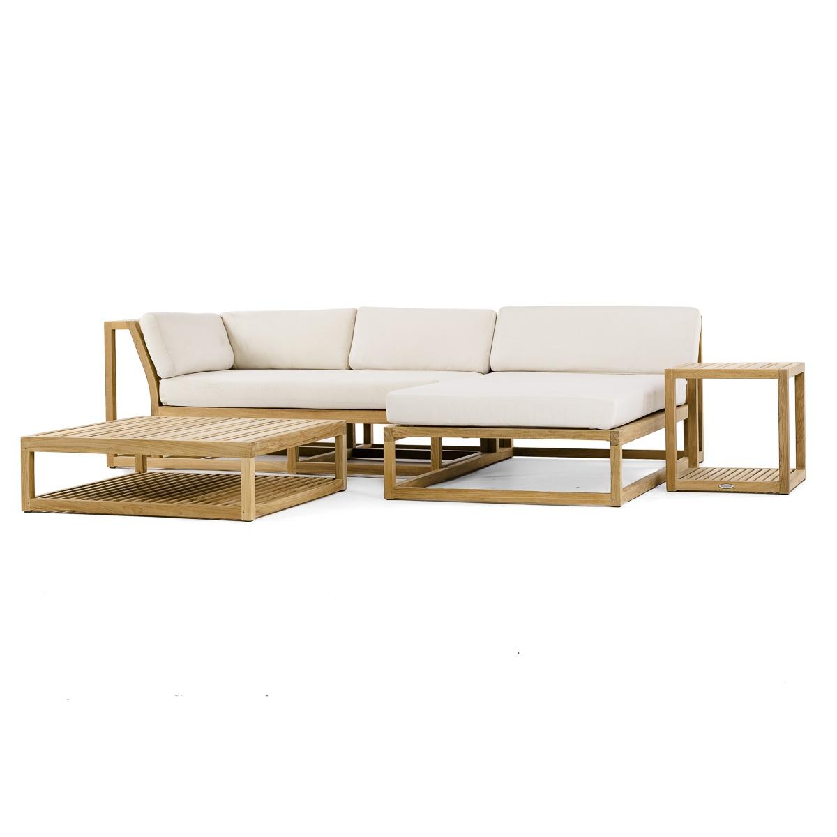 70658 Maya 4pc Lounge Set showing right side sofa teak chaise coffee table end table front angled on white background