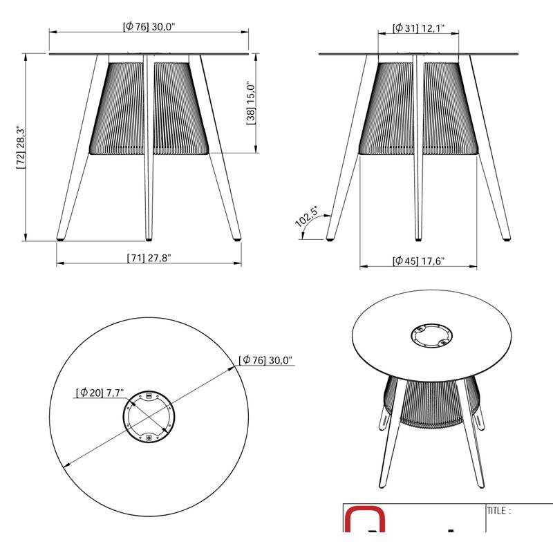 alt="45103 Luna Small 30 inch round Table showing autocad in side views and angled side view and top view on white background"