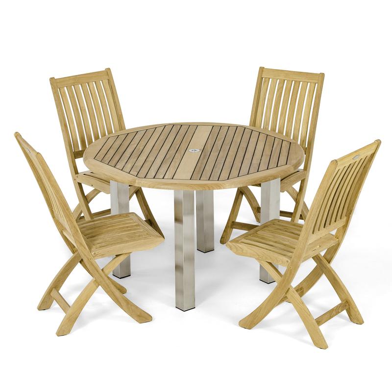 alt="70627 Vogue Barbuda 5 pc Dining Set of Vogue Teak and Stainless Steel 48 inch Round Table and 4 Barbuda Folding Chairs angled on white background"