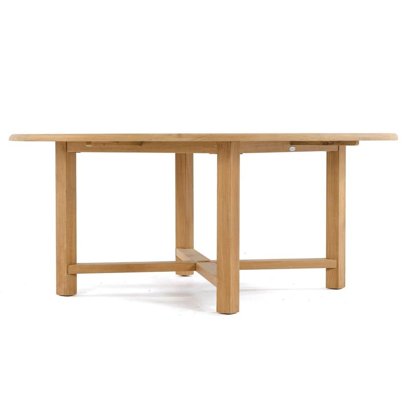 alt="70018 Buckingham Barbuda teak 72 inch diameter round dining table side view on white background"
