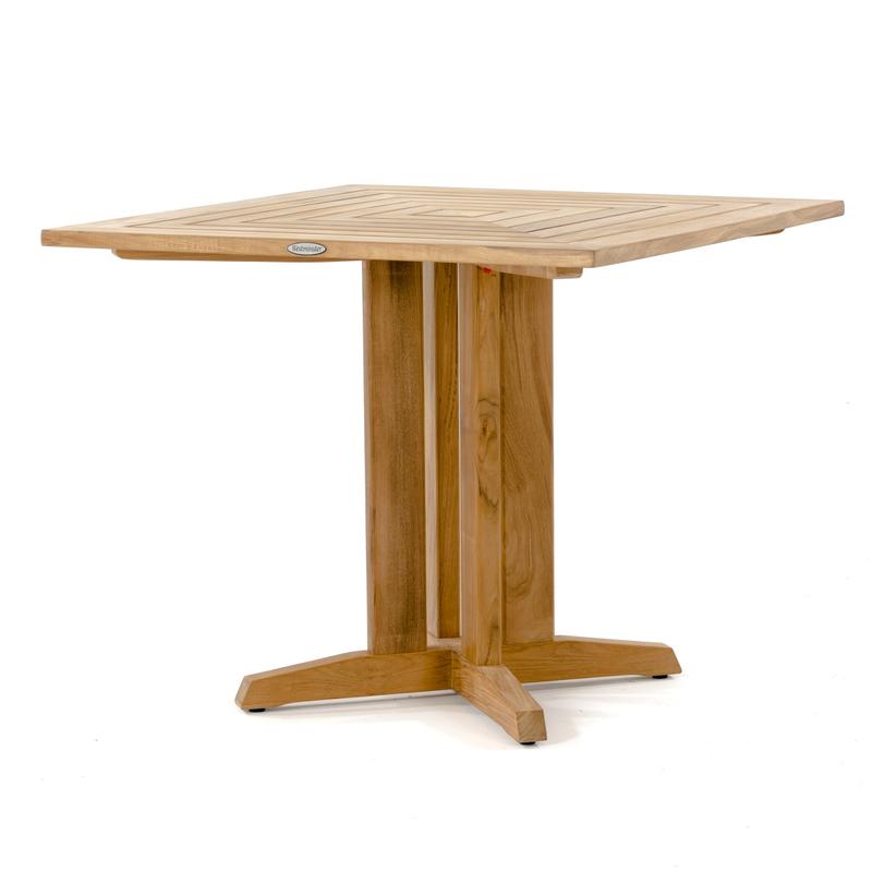 alt="70452 Pyramid 36 inch square teak table corner angled view on white background"