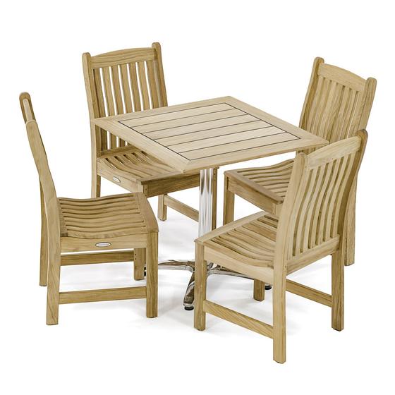 70697 Veranda teak and stainless steel 5 piece Dinette Set of 4 teak side chairs and a teak and stainless steel 30 inch square dining table on white background