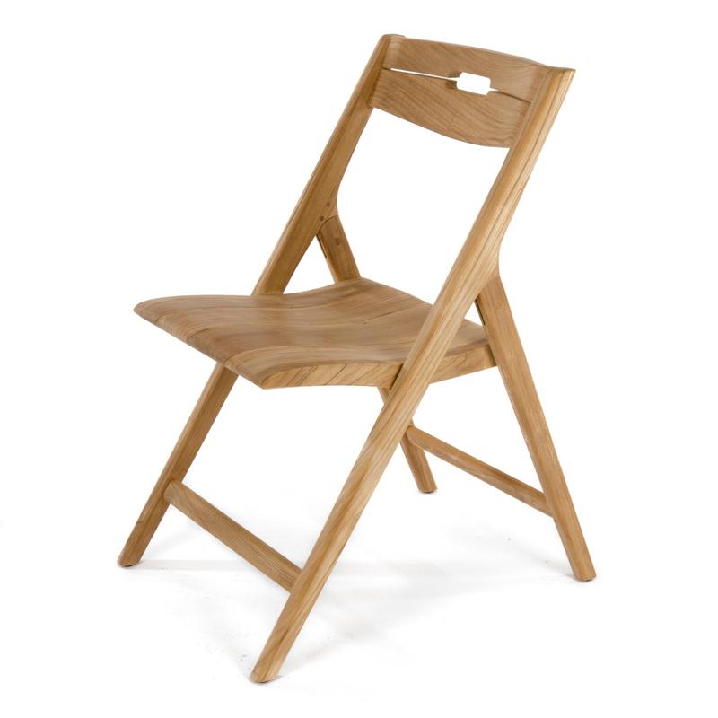 alt="11916 Surf teak folding dining chair side angled view on white background"