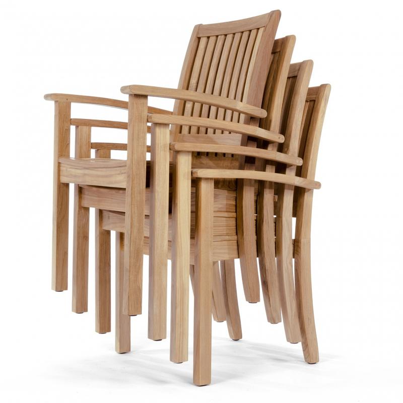 alt="70154 Buckingham teak armchair left side angle view stacked four high on white background"