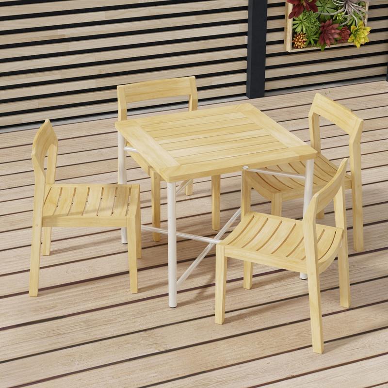 alt="70596 Odyssey Horizon Teak and 316L Stainless Steel Dining Set in angled corner view on wood deck with privacy wall with succulents in the background"