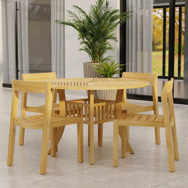 alt="70573 Grand Hyatt Horizon Dining Set of Grand Hyatt 48 inch Round Dining Table and 4 Teak Horizon Dining Side Chairs on patio with potted plants and glass door in background  "