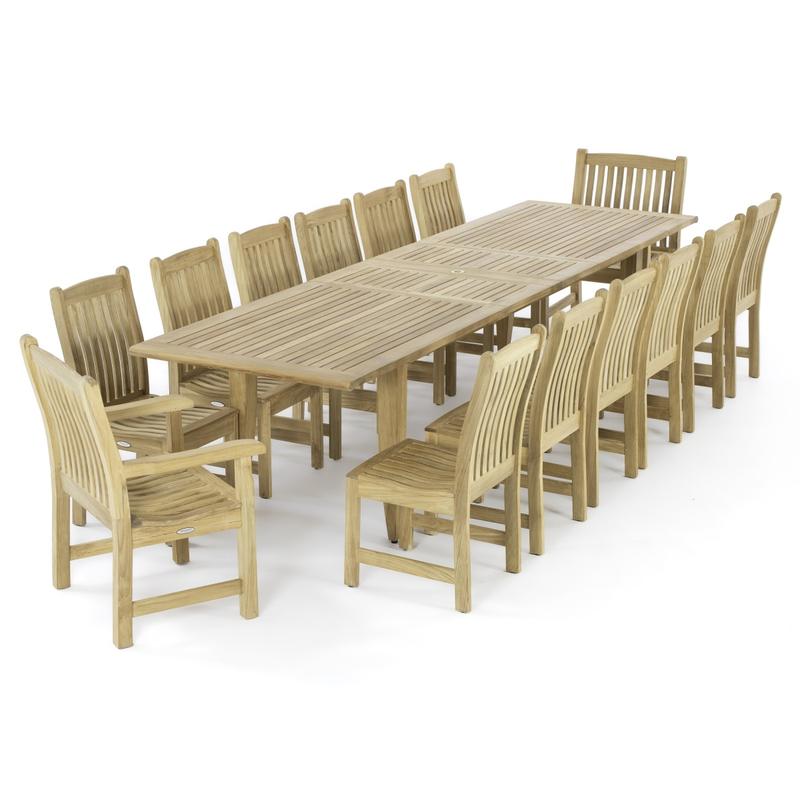 alt="70771 Grand Laguna Veranda 15 piece teak Dining Set of 2 Veranda Armchairs and 10 Veranda Side Chairs and 11 foot Rectangular Dining Table on white background"