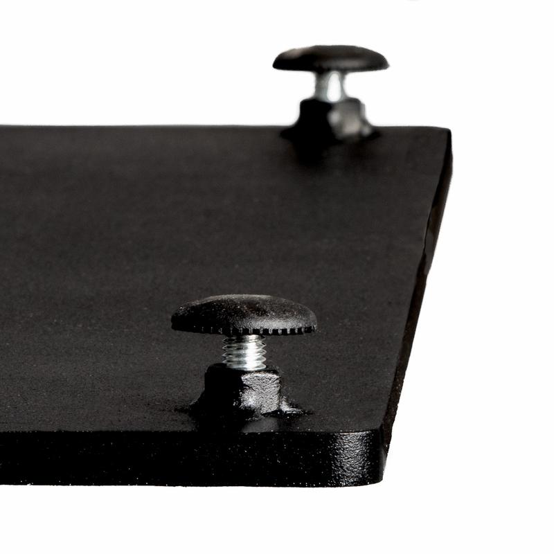 alt="70679 Vogue 24 inch square teak table base bottom showing levelers on white background"