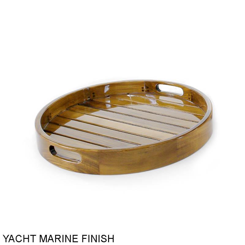 alt="14170TO Kafelonia teak Round Tray with marine gloss finish angled view on white background"