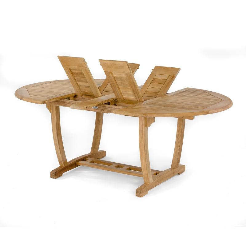 alt="15548 Martinique Oval teak dining extendable table angled side view showing double butterfly leaf extensions folded outward in v on white background"