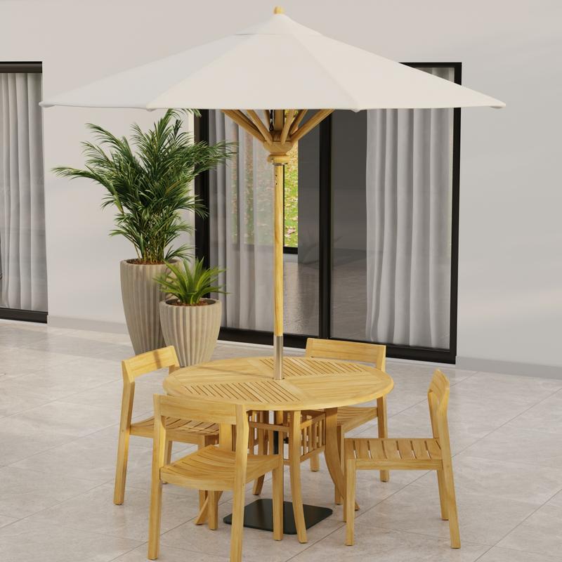 alt="70573 Grand Hyatt Horizon Dining Set of Grand Hyatt 48 inch Round Dining Table and 4 Teak Horizon Dining Side Chairs with optional umbrella on patio with glass door in background "