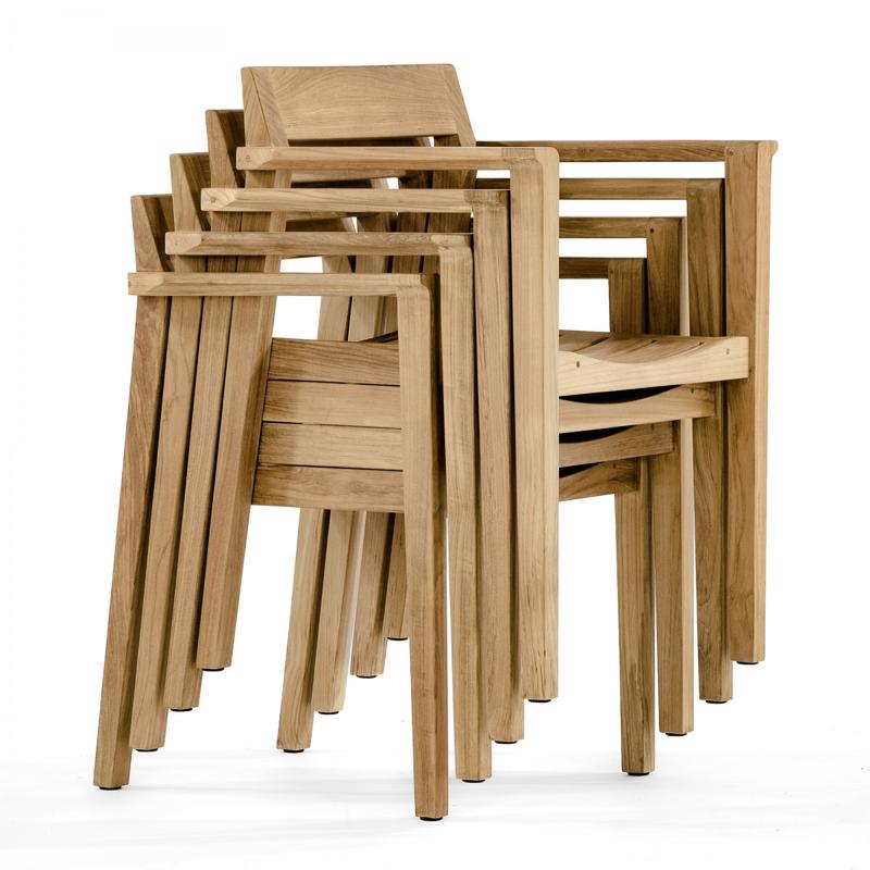 alt="12901 Horizon Teak Dining Armchair stacked 4 high on white background"