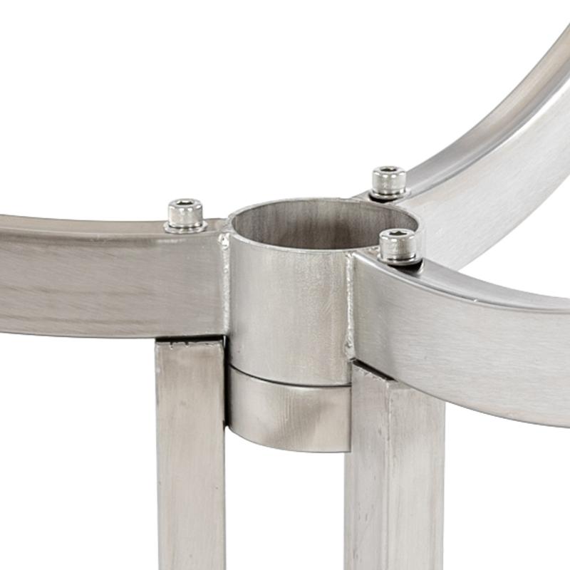alt="25313  Vogue Square Teak and Stainless Steel Bar Table showing bottom Stainless Steel Legs and attachment to pedestal on white background"