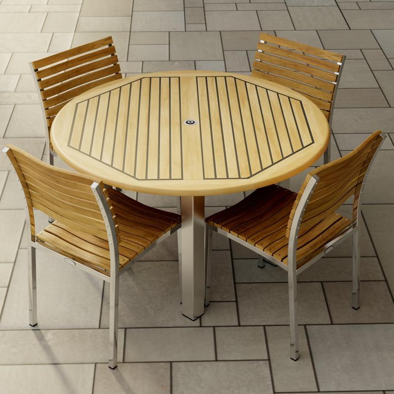 alt="70438 Vogue Dining Set for 4 of Vogue Teak and Stainless Steel 48 inch Round Dining Table and 4 Vogue Stacking Dining Chair angled aerial view showing closeup of table top on patio"