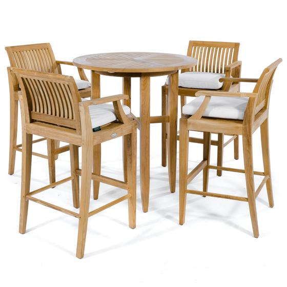 70294 Laguna 5 piece teak Round Bar 36 inch diameter Table Set showing with optional seat cushions on a white background