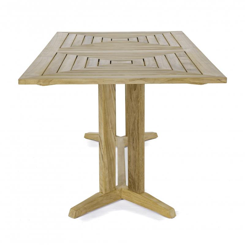 alt="70517 Sussex Pyramid teak rectangular dining table angled end view on white background"