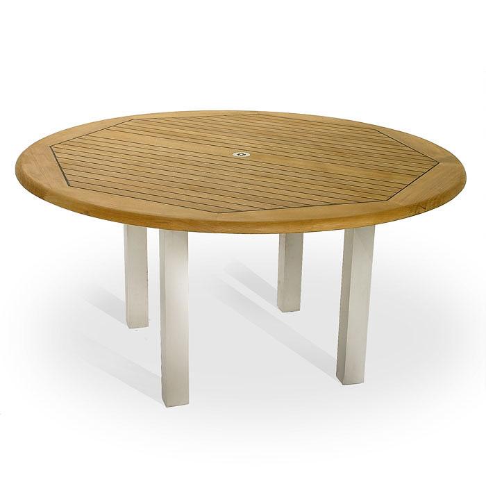alt="25015 Vogue teak and stainless steel 6 foot Round Table angled top view on white background"