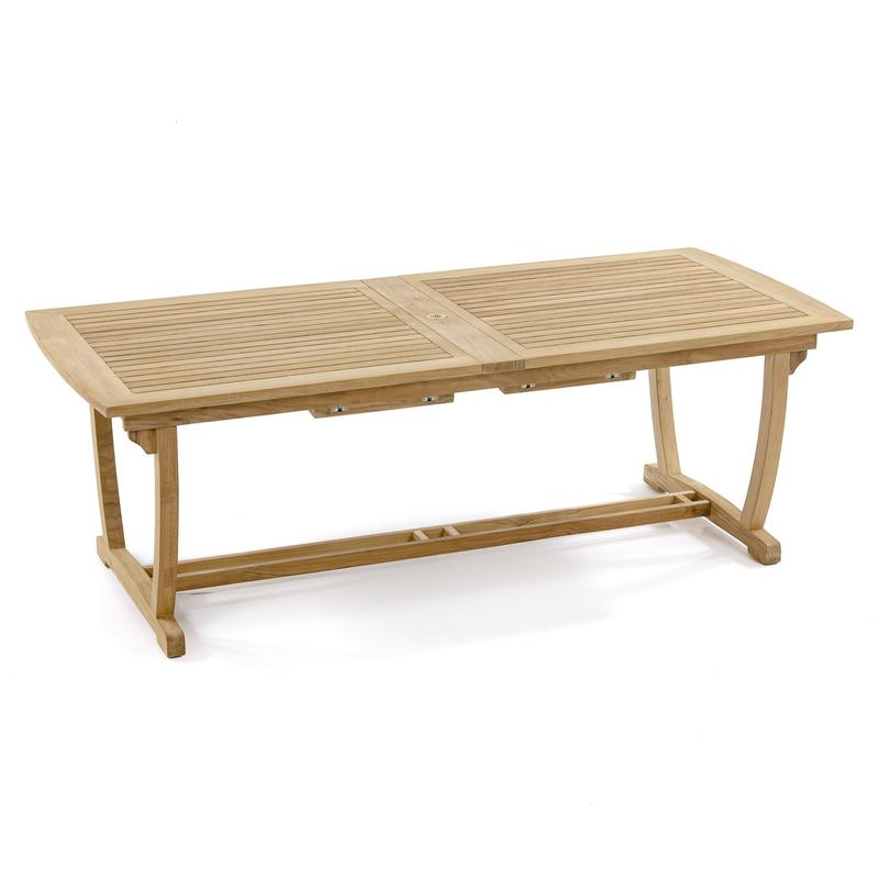 alt="70731 Surf Veranda extended teak rectangular table with two butterfly leaf extension side angled on white background"