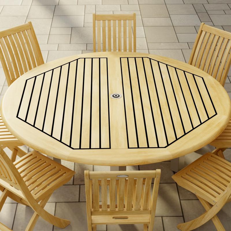 alt="70486 Vogue Teak Barbuda Dining Set for 8 showing closeup view of Vogue Dining Table and 8 Barbuda folding Side Chairs angled top view on tiled patio "