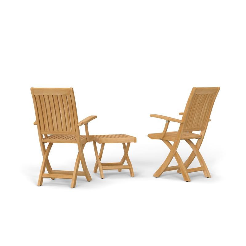 alt="70798 Barbuda 3 pc Chat Set of 2 Barbuda Teak Armchairs and Ottoman - Side Table in angled back view on white background"