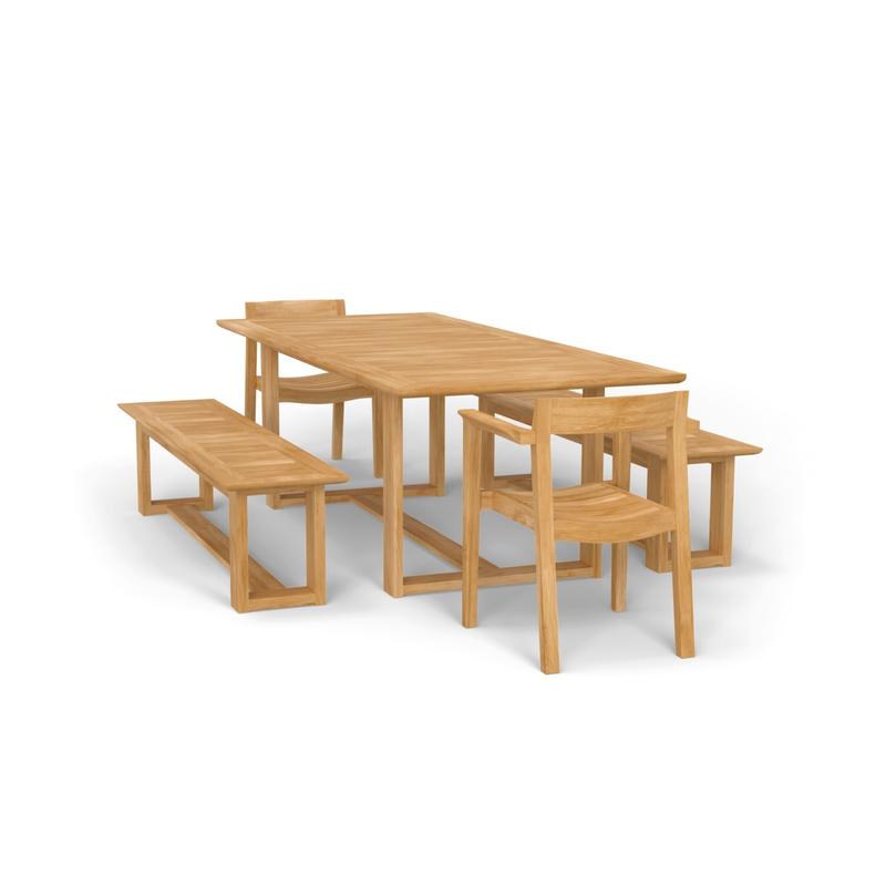 alt="70496 Horizon 5 pc Table & Bench Set of Horizon Rectangular Dining Table and 2 Teak Benches and 2 Dining Armchairs in angled end view on white background "