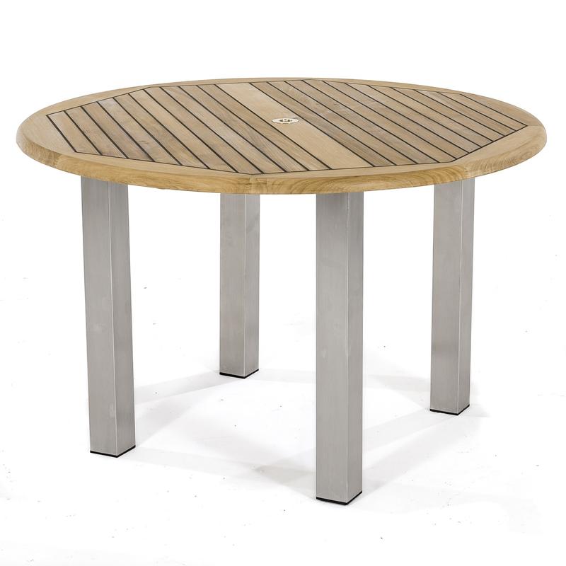 alt="70622 Vogue Bloom teak and Stainless Steel 4 foot Round Table side angled on white background"