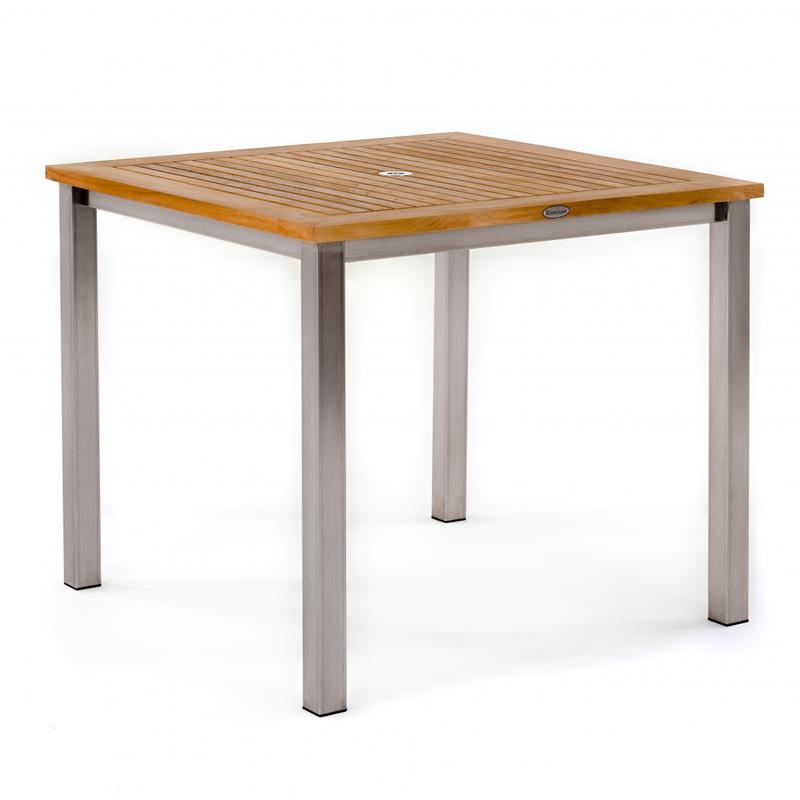 alt="70481 Veranda Vogue teak and stainless steel 36 inch square dining table corner view on white background"